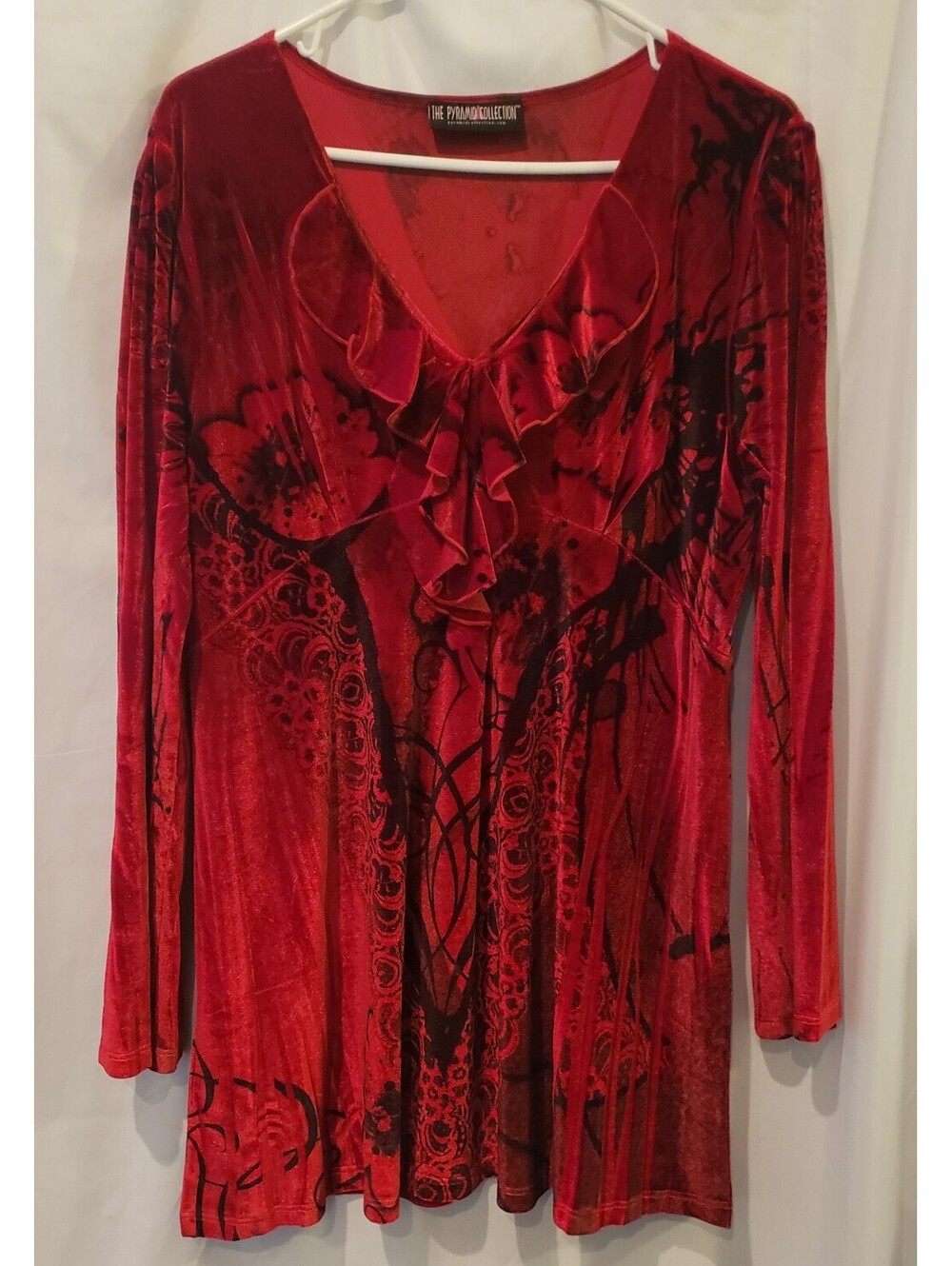 Pyramid Collection Womens XL Red Burnout Velvet Tunic Top Floral Long Sleeve